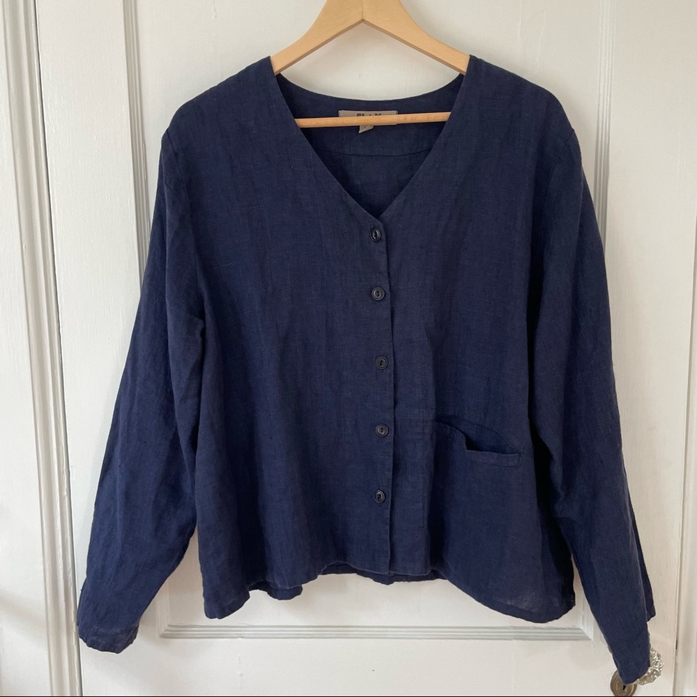 FLAX Linen Navy Blue Button Down Shirt Size Medium